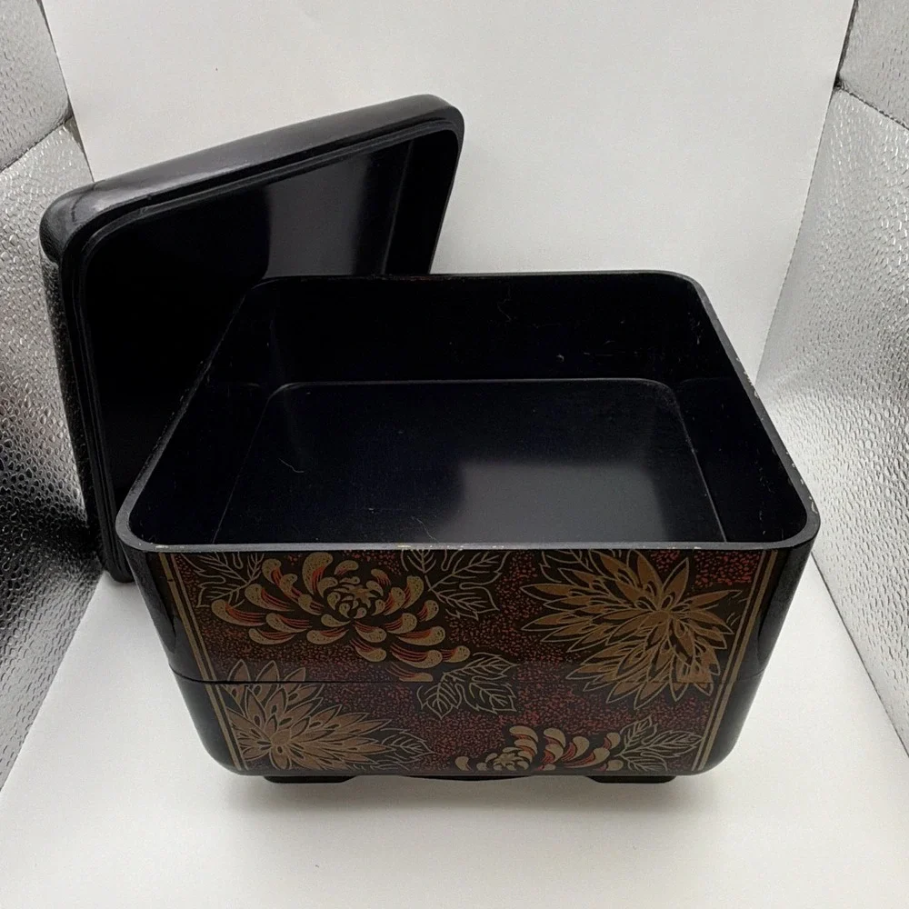 Vintage Japanese Lacquer 3 Tier Stacking Trinket Box Black Red Gold Floral